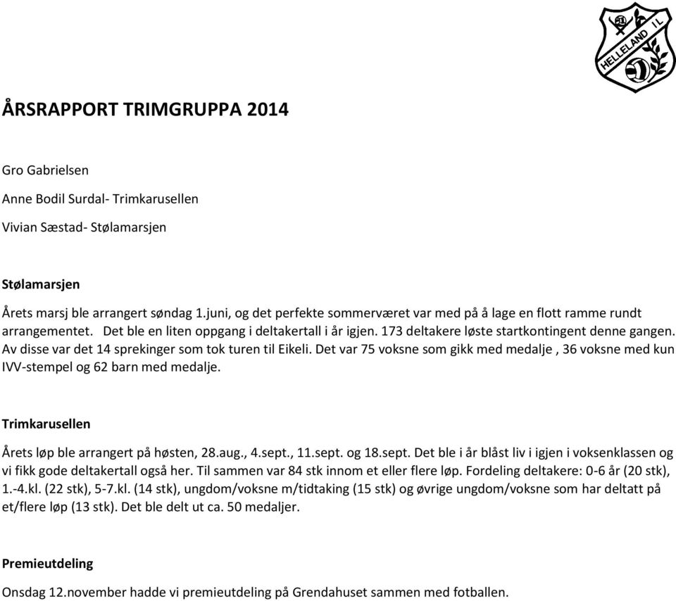 Av disse var det 14 sprekinger som tok turen til Eikeli. Det var 75 voksne som gikk med medalje, 36 voksne med kun IVV-stempel og 62 barn med medalje.