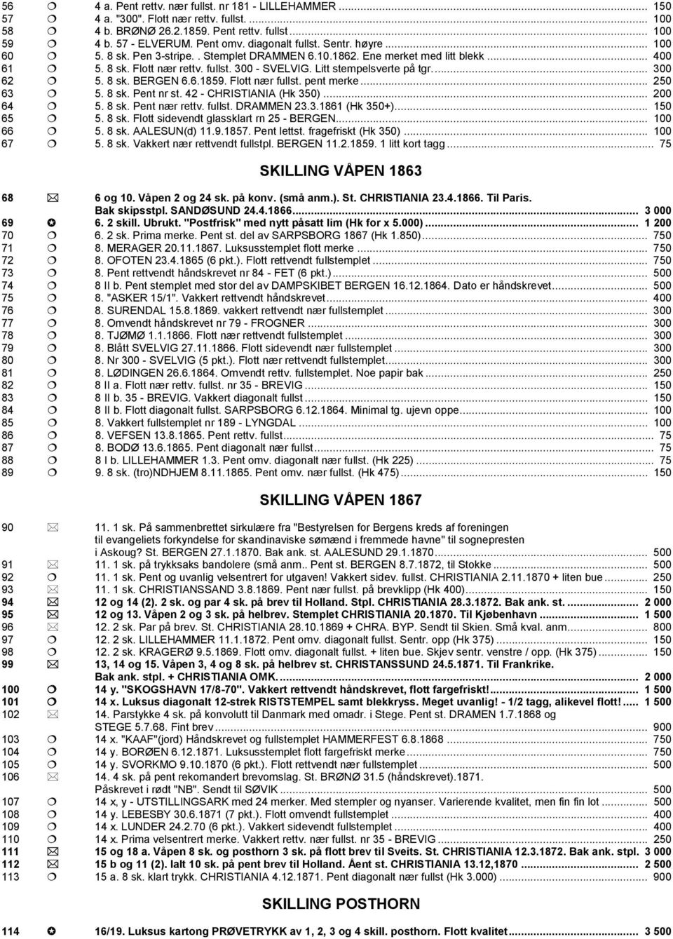 Litt stempelsverte på tgr.... 300 62 5. 8 sk. BERGEN 6.6.1859. Flott nær fullst. pent merke... 250 63 5. 8 sk. Pent nr st. 42 - CHRISTIANIA (Hk 350)... 200 64 5. 8 sk. Pent nær rettv. fullst. DRAMMEN 23.
