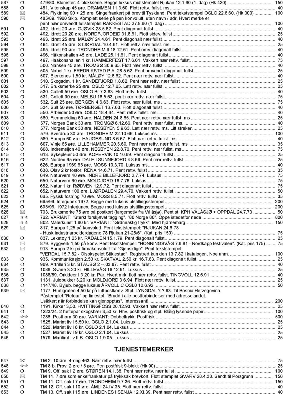 Hvert merke er pent nær omvendt fullstemplet RAKKESTAD 27.8.60 (1. dag)... 100 591 492. Idrett 20 øre. GJØVIK 28.5.62. Pent diagonalt fullst... 40 592 492. Idrett 20 20 øre. NORDFJORDEID 31.8.61.