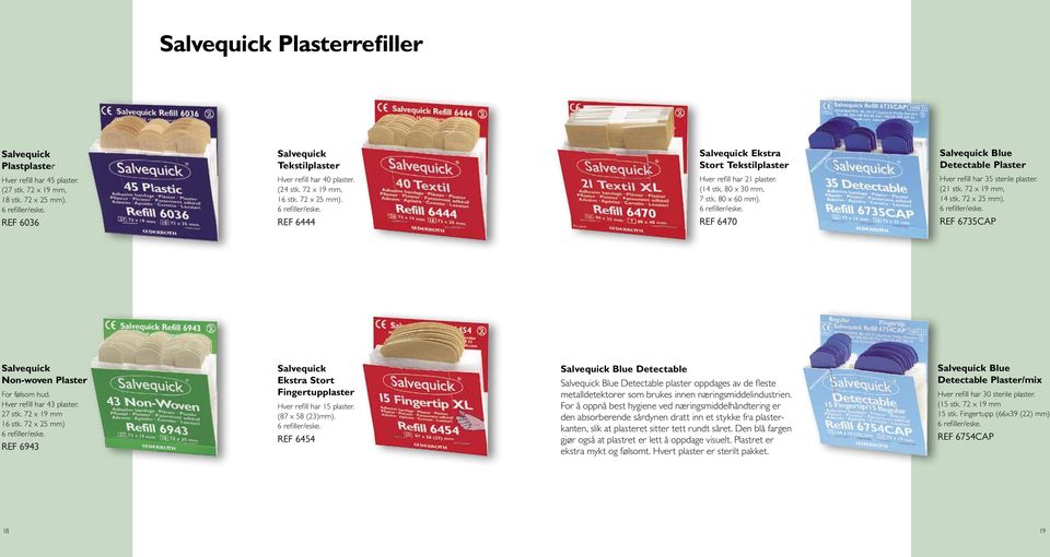 (21 stk. 72 x 19 mm, 14 stk. 72 x 25 mm). 6 refiller/eske. REF 6735CAP Salvequick Non-woven Plaster For følsom hud. Hver refill har 43 plaster. 27 stk. 72 x 19 mm 16 stk. 72 x 25 mm) 6 refiller/eske.