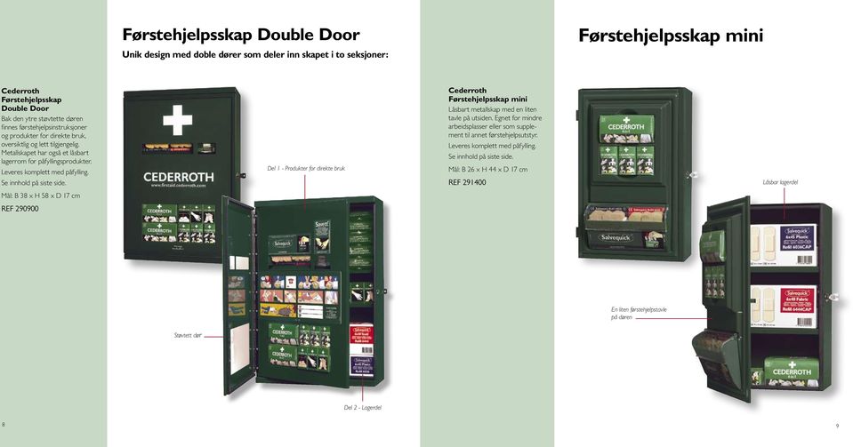 Se innhold på siste side. Del 1 - Produkter for direkte bruk Cederroth Førstehjelpsskap mini Låsbart metallskap med en liten tavle på utsiden.