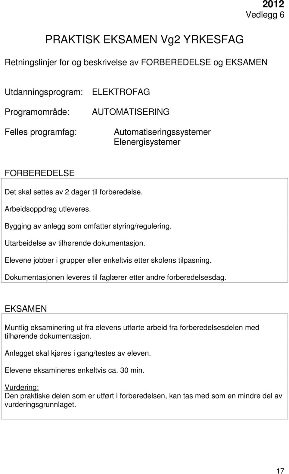 Dokumentasjonen leveres til faglærer etter andre forberedelsesdag. Muntlig eksaminering ut fra elevens utførte arbeid fra forberedelsesdelen med tilhørende dokumentasjon.