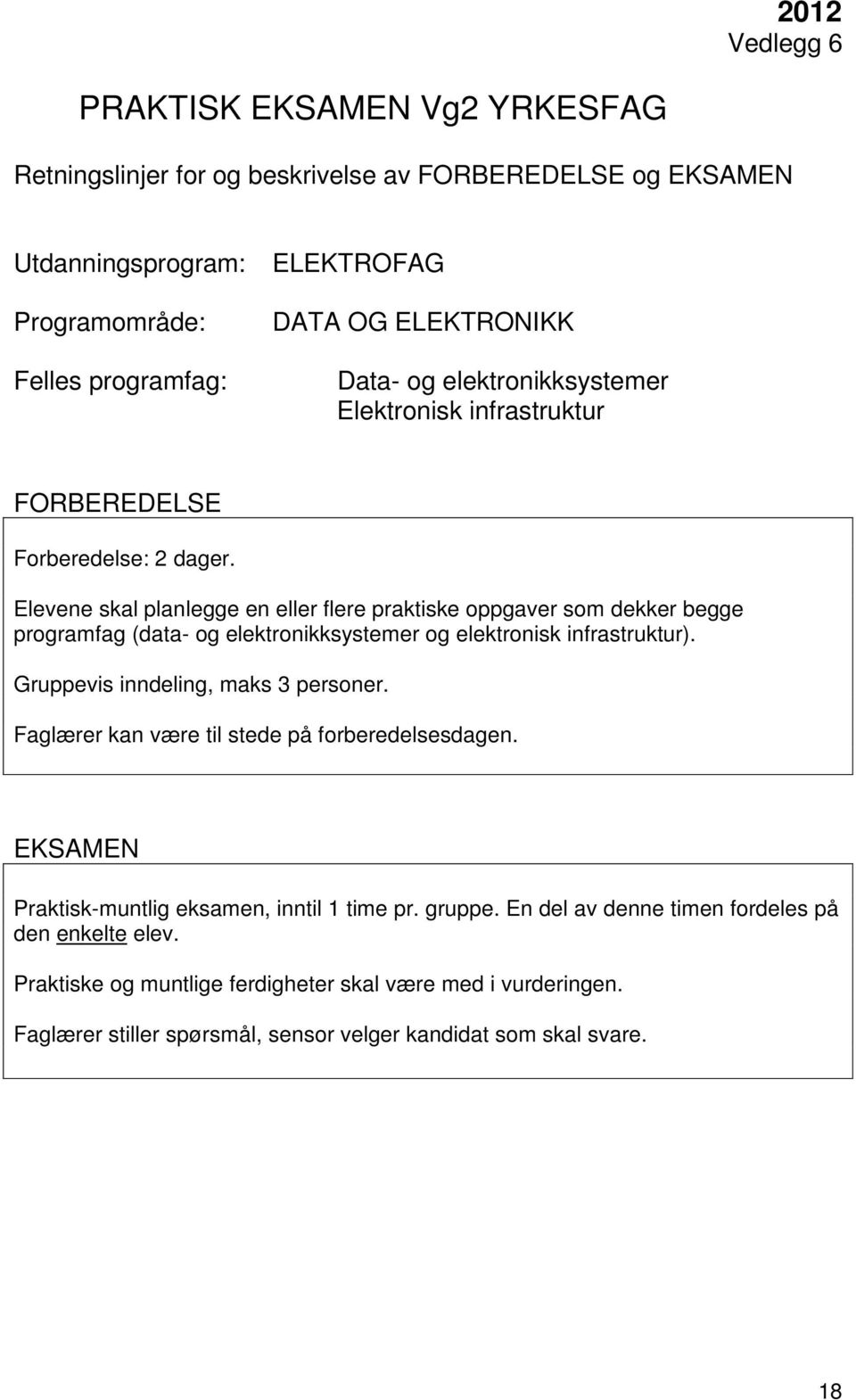 Gruppevis inndeling, maks 3 personer. Faglærer kan være til stede på forberedelsesdagen. Praktisk-muntlig eksamen, inntil 1 time pr. gruppe.