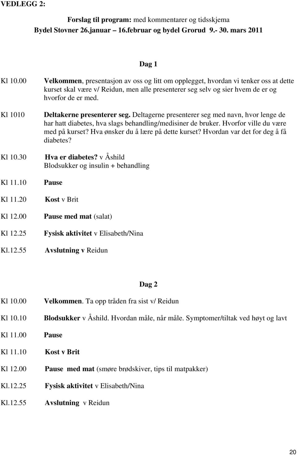 Deltakerne presenterer seg. Deltagerne presenterer seg med navn, hvor lenge de har hatt diabetes, hva slags behandling/medisiner de bruker. Hvorfor ville du være med på kurset?