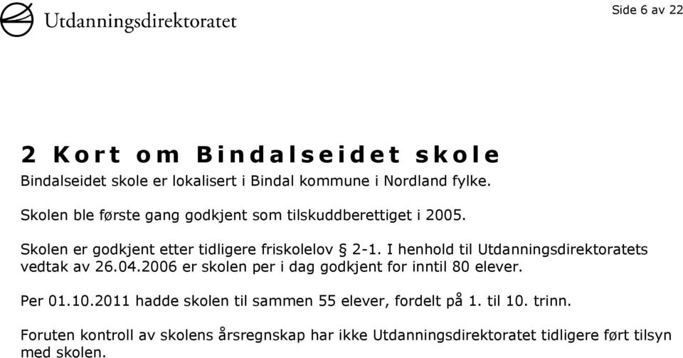 I henhold til Utdanningsdirektoratets vedtak av 26.04.2006 er skolen per i dag godkjent for inntil 80 elever. Per 01.10.