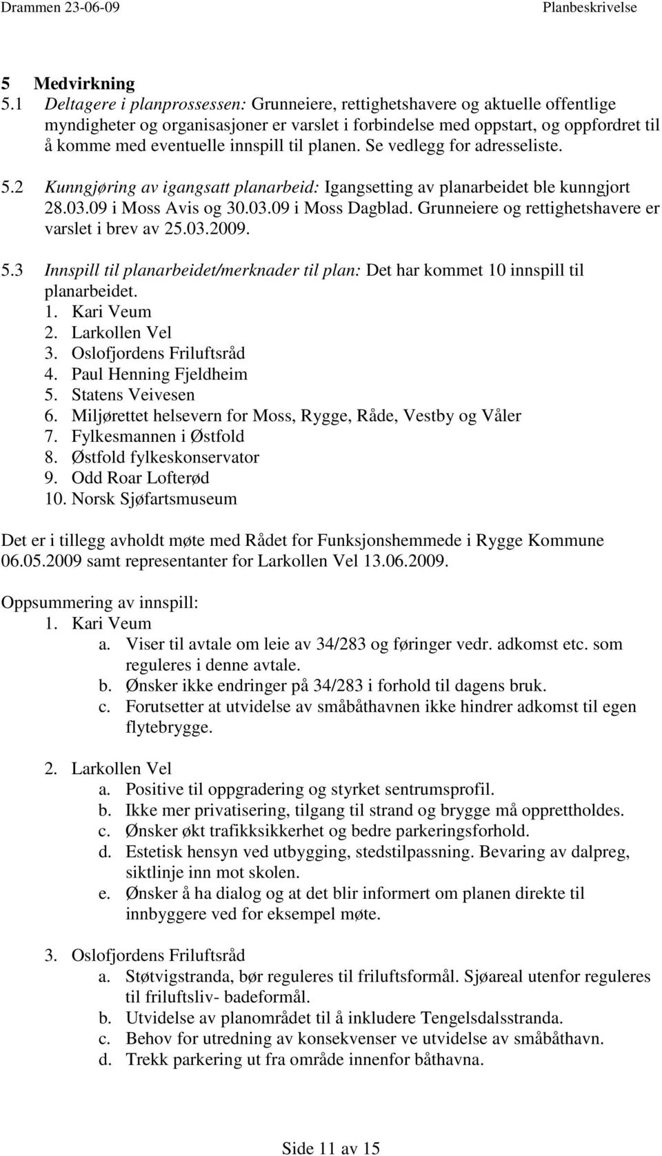innspill til planen. Se vedlegg for adresseliste. 5.2 Kunngjøring av igangsatt planarbeid: Igangsetting av planarbeidet ble kunngjort 28.03.09 i Moss Avis og 30.03.09 i Moss Dagblad.