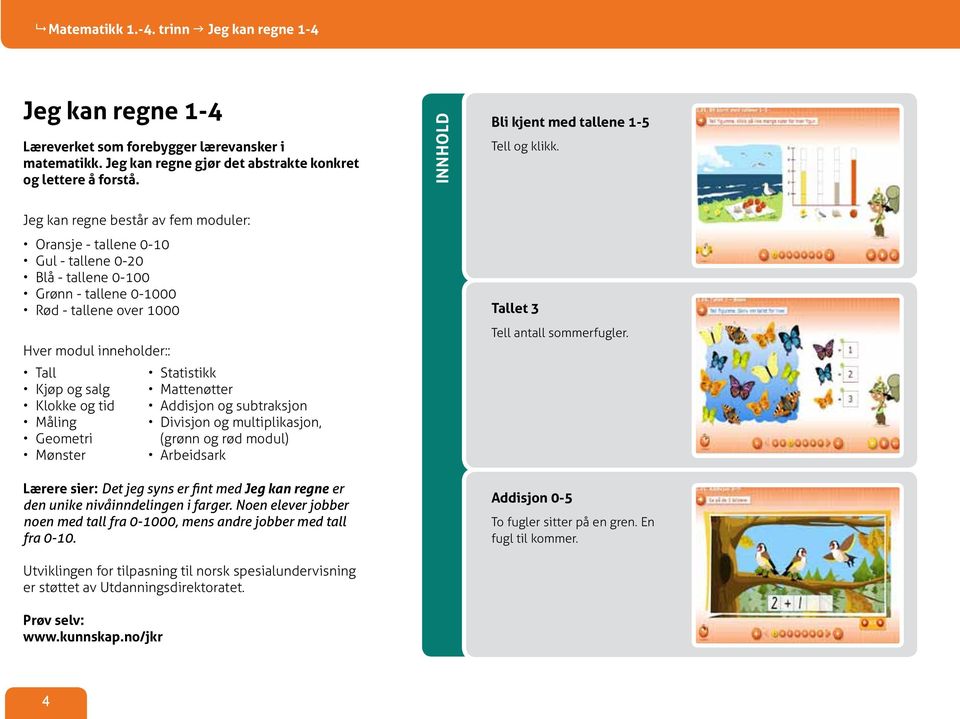 Jeg kan regne består av fem moduler: Oransje - tallene 0-10 Gul - tallene 0-20 Blå - tallene 0-100 Grønn - tallene 0-1000 Rød - tallene over 1000 Hver modul inneholder:: Tall Kjøp og salg Klokke og