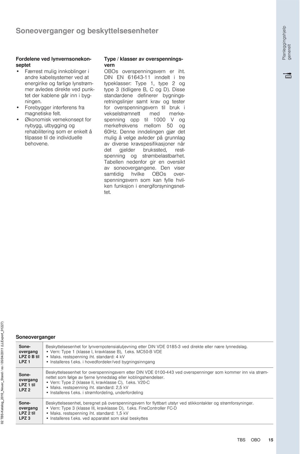 Planleggingshjelp generelt Soneoverganger / klasser av overspenningsvern OBOs overspenningsvern er iht. DIN EN 61643-11 inndelt i tre typeklasser: 1, type 2 og type 3 (tidligere B, C og D).