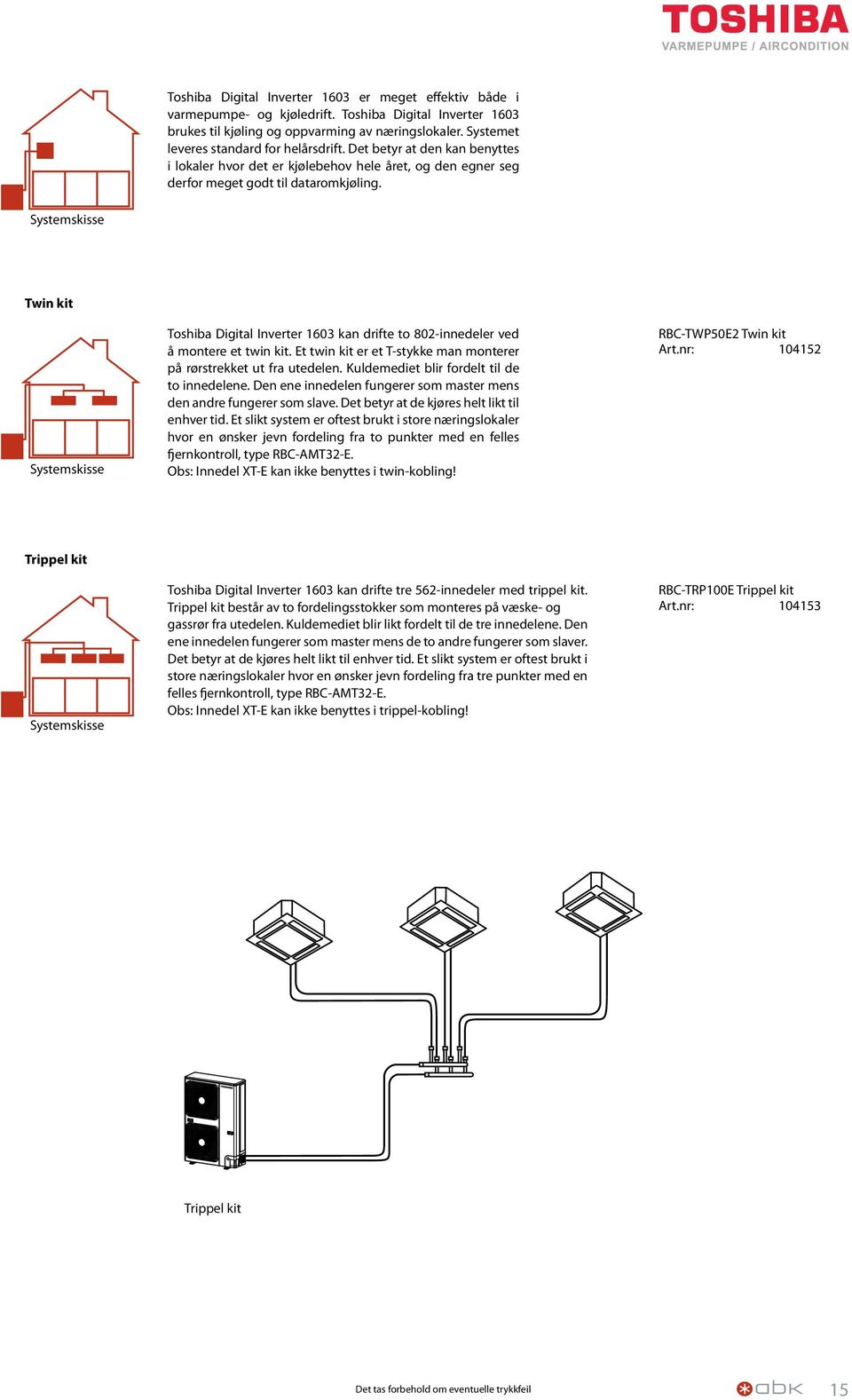 Systemskisse Twin kit Systemskisse Toshiba Digital Inverter 1603 kan drifte to 802-innedeler ved å montere et twin kit. Et twin kit er et T-stykke man monterer på rørstrekket ut fra utedelen.