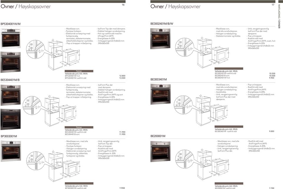 - Hvit og rustfritt stål med AntiFingerPrint (AFP) - Energiklasse A-20% 590x560x550 Ovner / Høyskapsovner BE3002401M/B/W - Maxiklasse ovn, med alle ovnsfunksjoner. - Halogen ovnsbelysning.