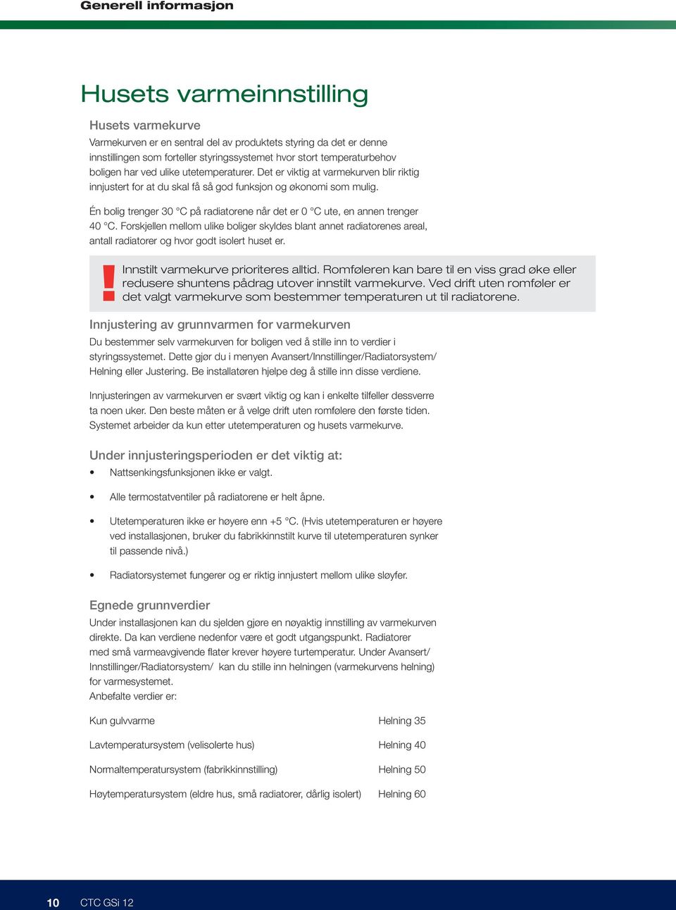 Én bolig trenger 30 C på radiatorene når det er 0 C ute, en annen trenger 40 C.