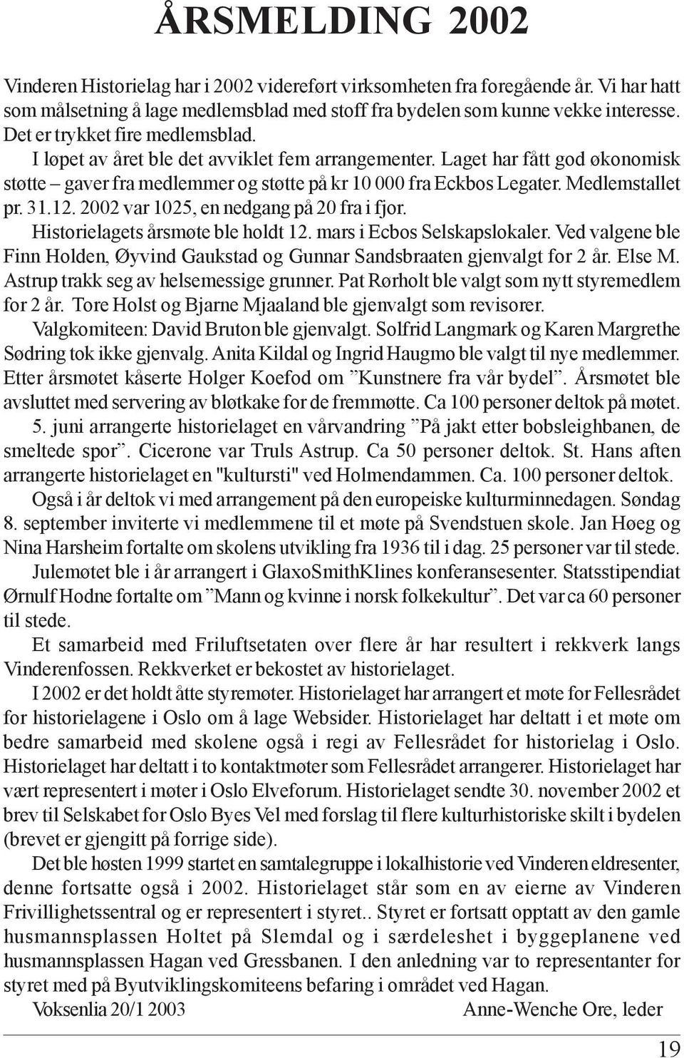 Medlemstallet pr. 31.12. 2002 var 1025, en nedgang på 20 fra i fjor. Historielagets årsmøte ble holdt 12. mars i Ecbos Selskapslokaler.