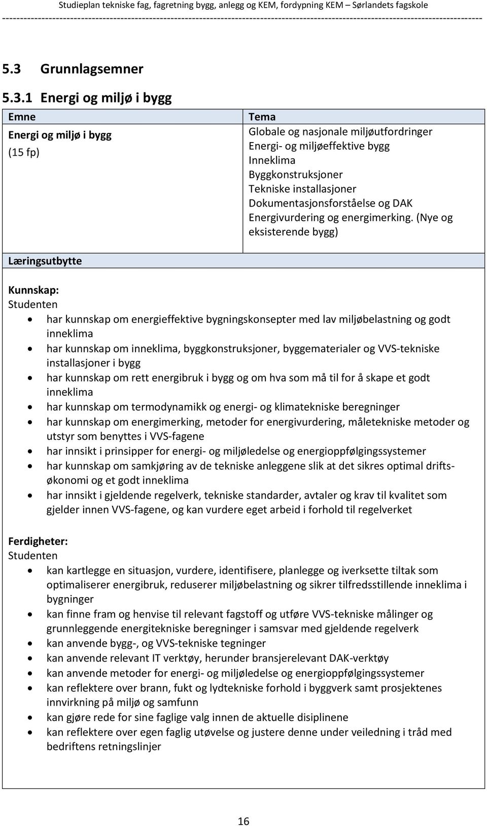 (Nye og eksisterende bygg) Læringsutbytte Kunnskap: har kunnskap om energieffektive bygningskonsepter med lav miljøbelastning og godt inneklima har kunnskap om inneklima, byggkonstruksjoner,