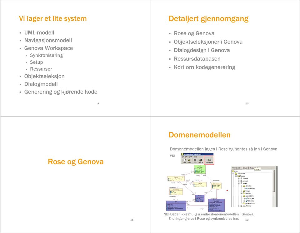 Genova Ressursdatabasen Kort om kodegenerering 9 10 Domenemodellen Rose og Genova Domenemodellen lages i Rose og hentes