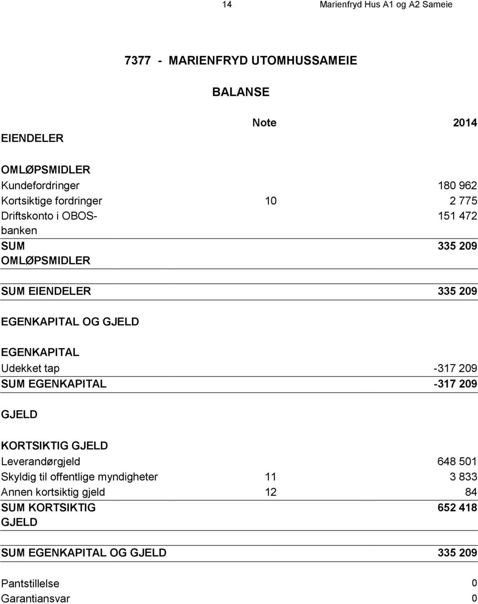 EGENKAPITAL Udekket tap -317 209 SUM EGENKAPITAL -317 209 GJELD KORTSIKTIG GJELD Leverandørgjeld 648 501 Skyldig til offentlige