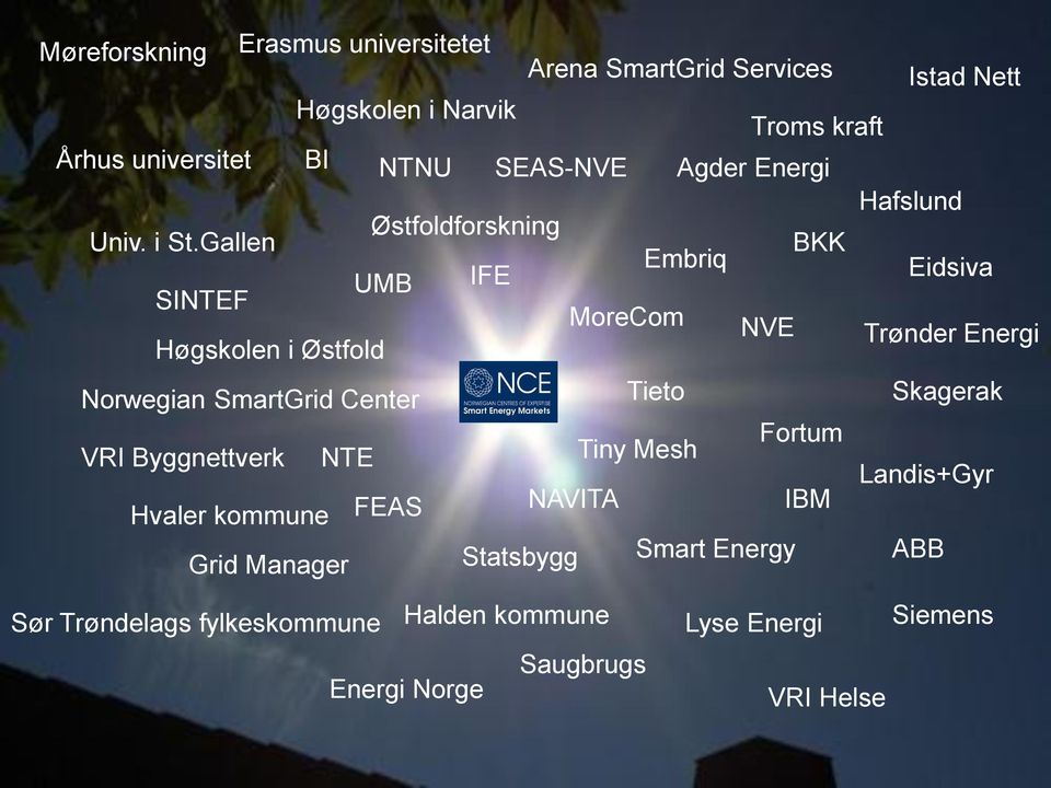 Gallen BKK Embriq UMB IFE Eidsiva SINTEF MoreCom NVE Trønder Energi Høgskolen i Østfold Norwegian SmartGrid Center Tieto Skagerak