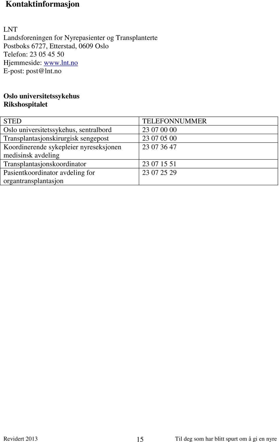 no Oslo universitetssykehus Rikshospitalet STED TELEFONNUMMER Oslo universitetssykehus, sentralbord 23 07 00 00