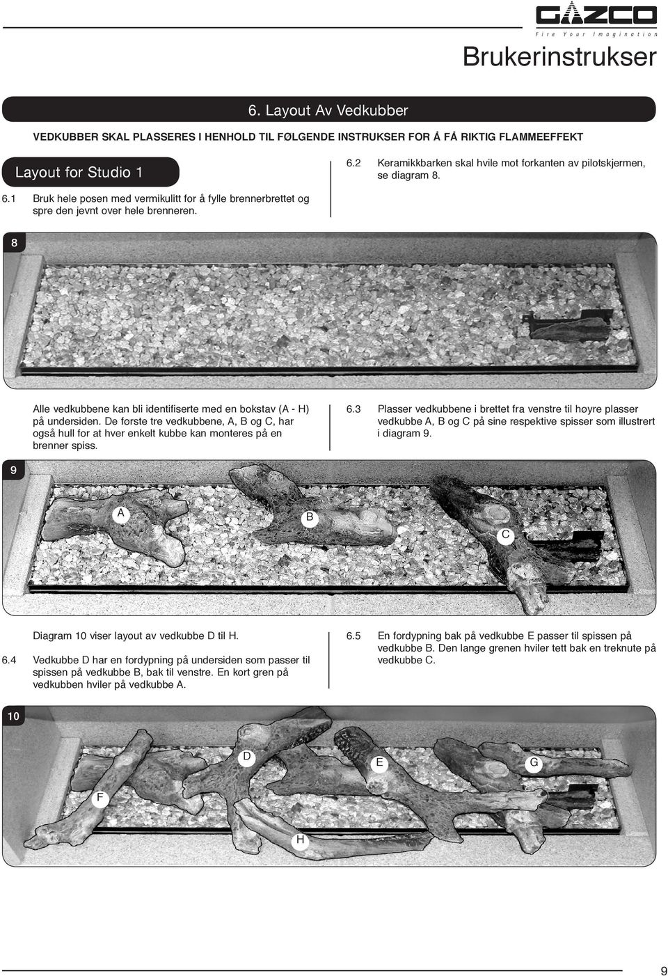 8 Alle vedkubbene kan bli identifiserte med en bokstav (A - H) på undersiden. De første tre vedkubbene, A, B og C, har også hull for at hver enkelt kubbe kan monteres på en brenner spiss. 6.