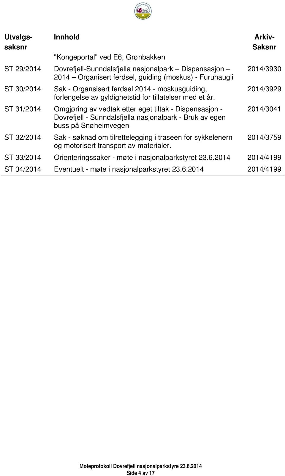 ST 31/2014 Omgjøring av vedtak etter eget tiltak - Dispensasjon - Dovrefjell - Sunndalsfjella nasjonalpark - Bruk av egen buss på Snøheimvegen Arkiv- Saksnr 2014/3930 2014/3929 2014/3041