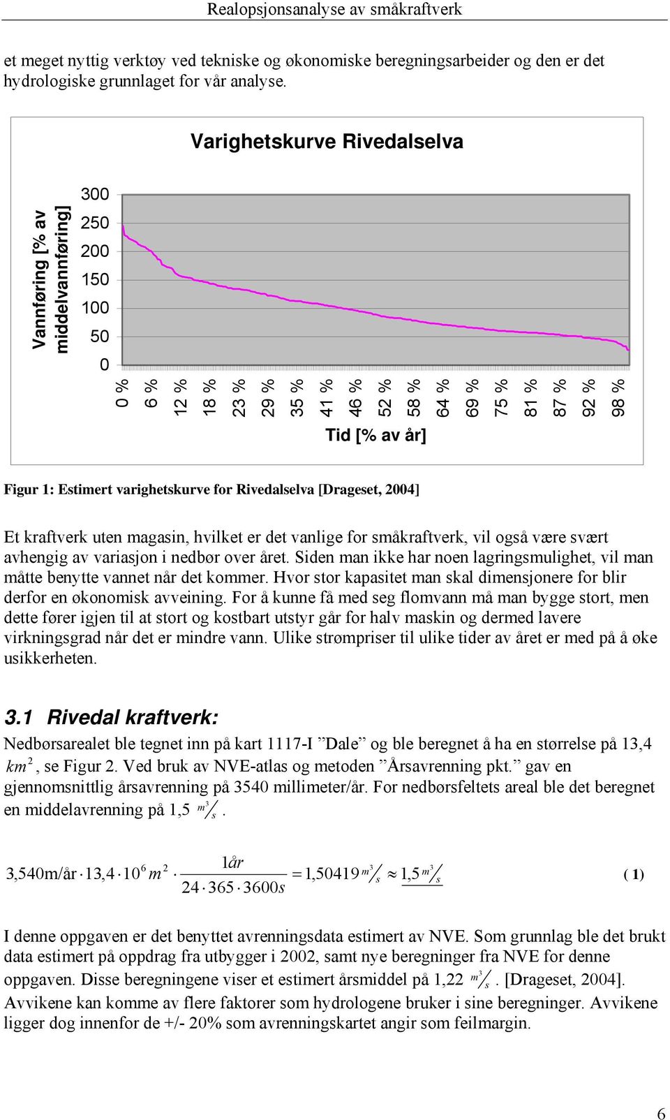 varighetskurve for Rivedalselva [Drageset, 004] Et kraftverk uten magasin, hvilket er det vanlige for småkraftverk, vil også være svært avhengig av variasjon i nedbør over året.