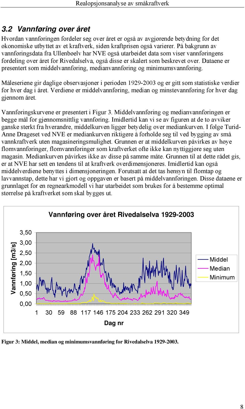 Dataene er presentert som middelvannføring, medianvannføring og minimumsvannføring. Måleseriene gir daglige observasjoner i perioden 99-003 og er gitt som statistiske verdier for hver dag i året.