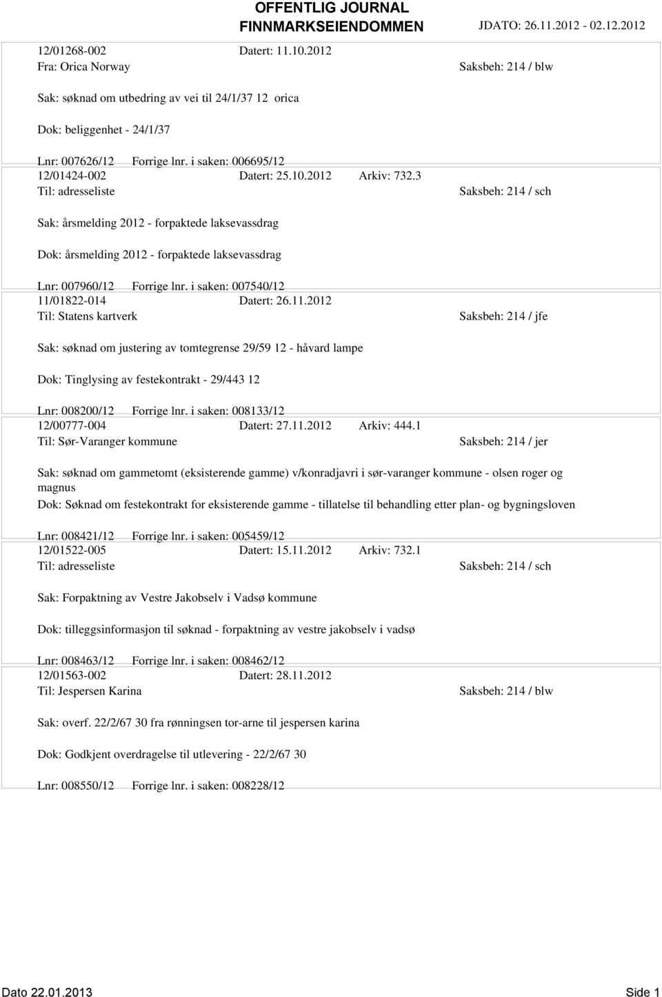 3 Til: adresseliste Saksbeh: 214 / sch Sak: årsmelding 2012 - forpaktede laksevassdrag Dok: årsmelding 2012 - forpaktede laksevassdrag Lnr: 007960/12 Forrige lnr.