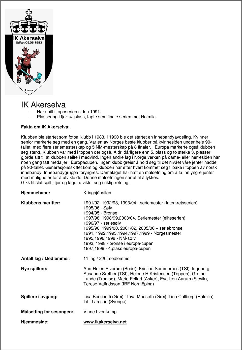 Var en av Norges beste klubber på kvinnesiden under hele 90- tallet, med flere seriemesterskap og 5 NM-mesterskap på 8 finaler. I Europa markerte også klubben seg sterkt.