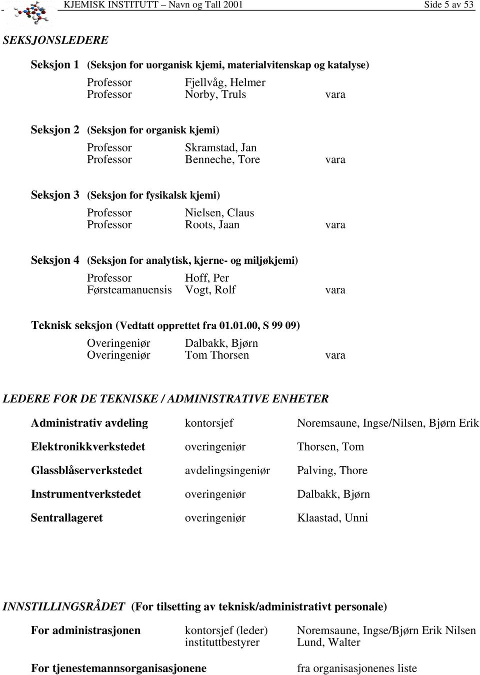 analytisk, kjerne- og miljøkjemi) Professor Hoff, Per Førsteamanuensis Vogt, Rolf vara Teknisk seksjon (Vedtatt opprettet fra 01.