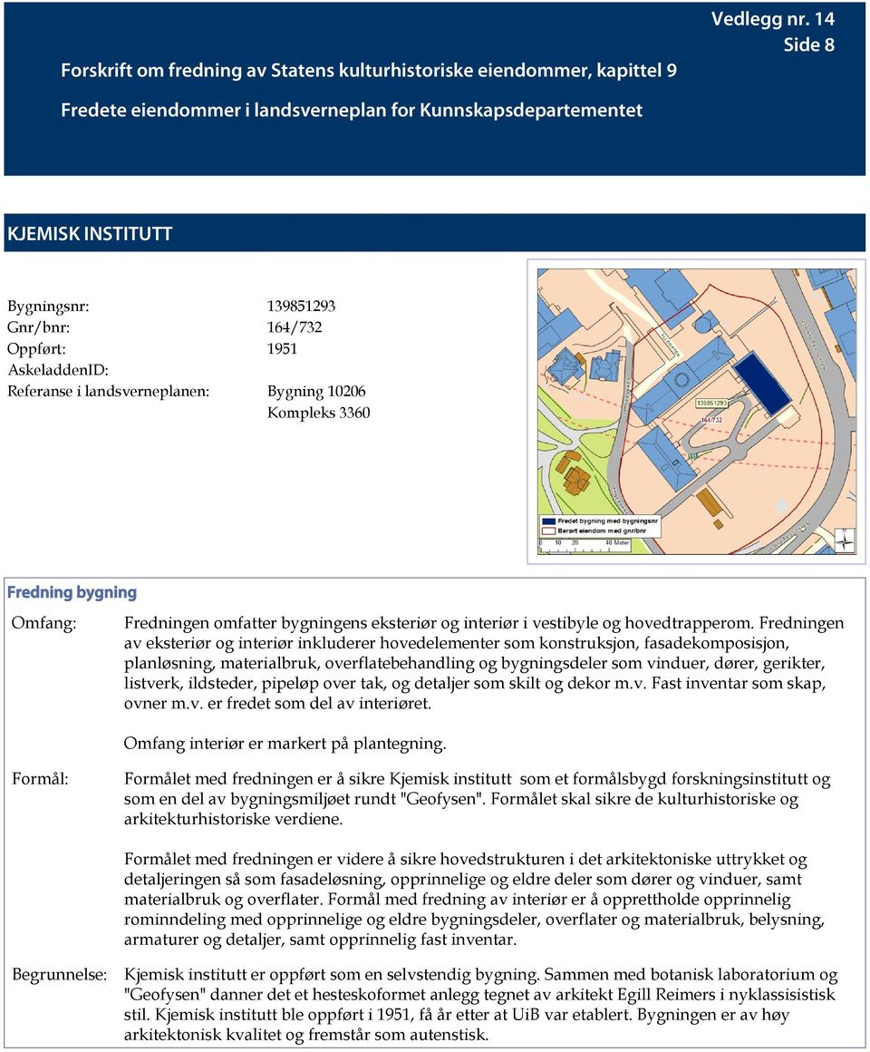 Fredningen av eksteriør og interiør inkluderer hovedelementer som konstruksjon, fasadekomposisjon, planløsning, materialbruk, overflatebehandling og bygningsdeler som vinduer, dører, gerikter,