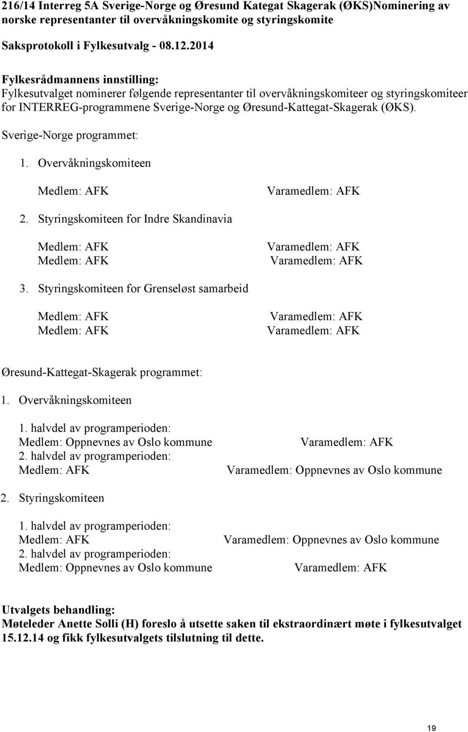 Overvåkningskomiteen Medlem: AFK Varamedlem: AFK 2. Styringskomiteen for Indre Skandinavia Medlem: AFK Medlem: AFK Varamedlem: AFK Varamedlem: AFK 3.