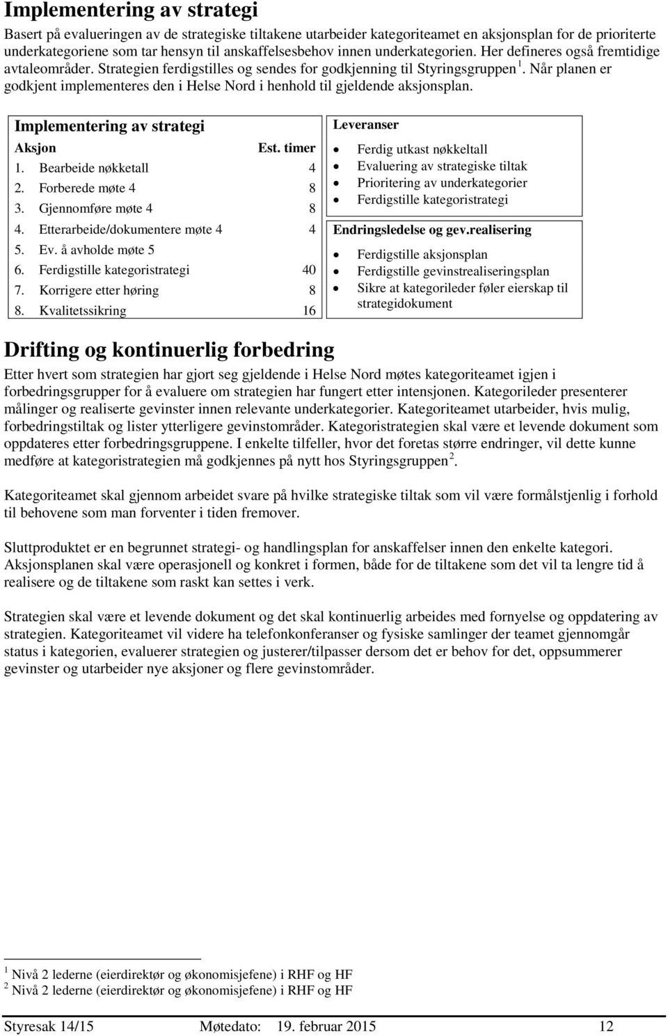 Når planen er godkjent implementeres den i Helse Nord i henhold til gjeldende aksjonsplan. Implementering av strategi Leveranser Aksjon Est. timer Ferdig utkast nøkkeltall 1.