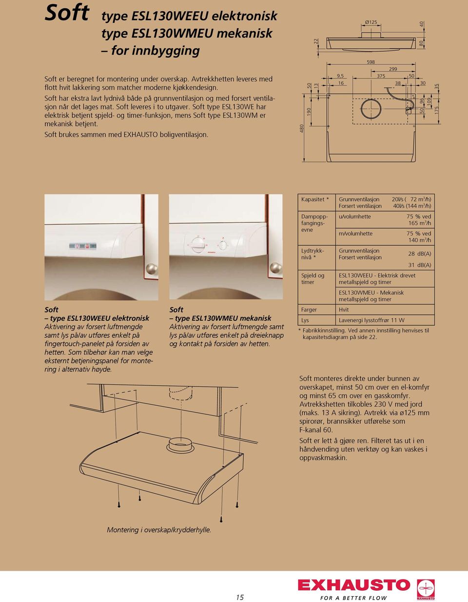 Soft leveres i to utgaver. Soft type ESL130WE har elektrisk betjent spjeld- og timer-funksjon, mens Soft type ESL130WM er mekanisk betjent. Soft brukes sammen med EXHAUSTO boligventilasjon.