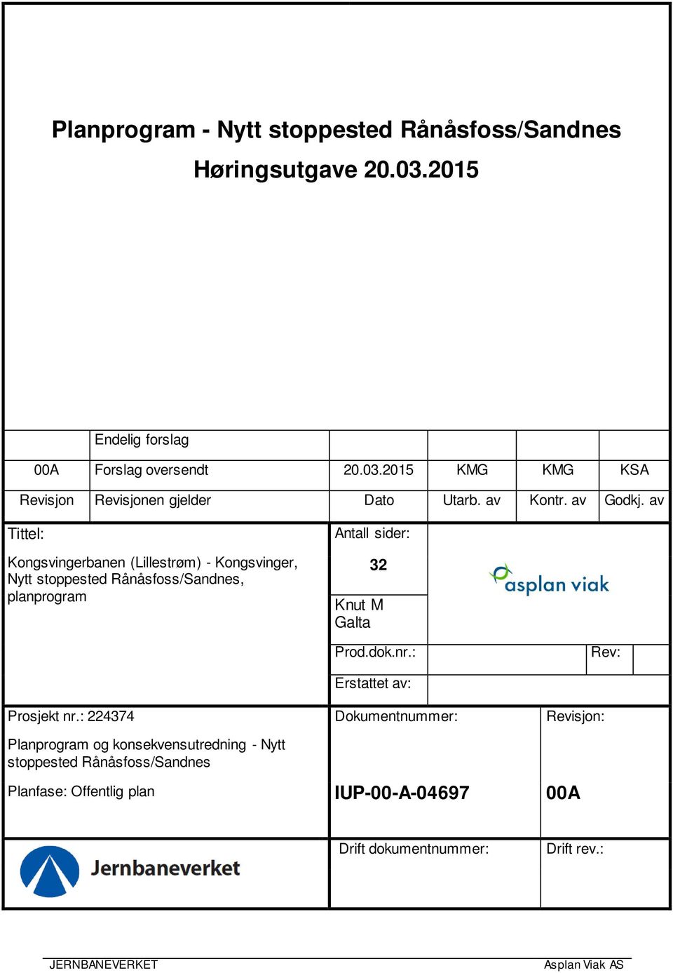 av Tittel: Kongsvingerbanen (Lillestrøm) - Kongsvinger,, planprogram Antall sider: 32 Knut M Galta Prod.dok.nr.