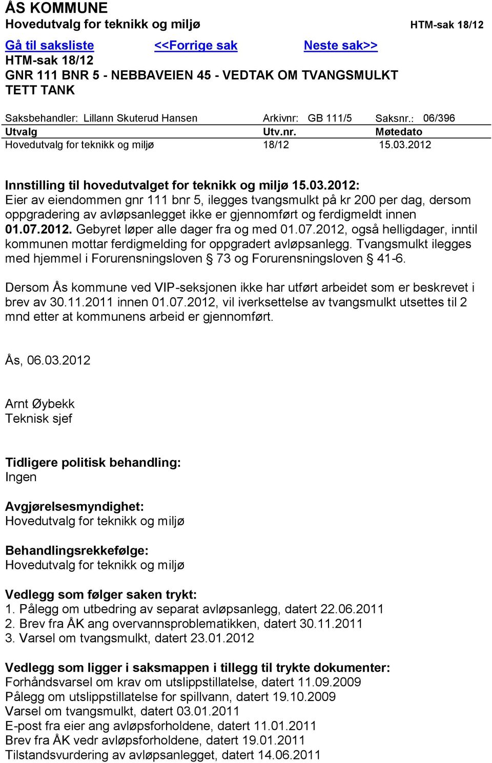 2012 Innstilling til hovedutvalget for teknikk og miljø 15.03.