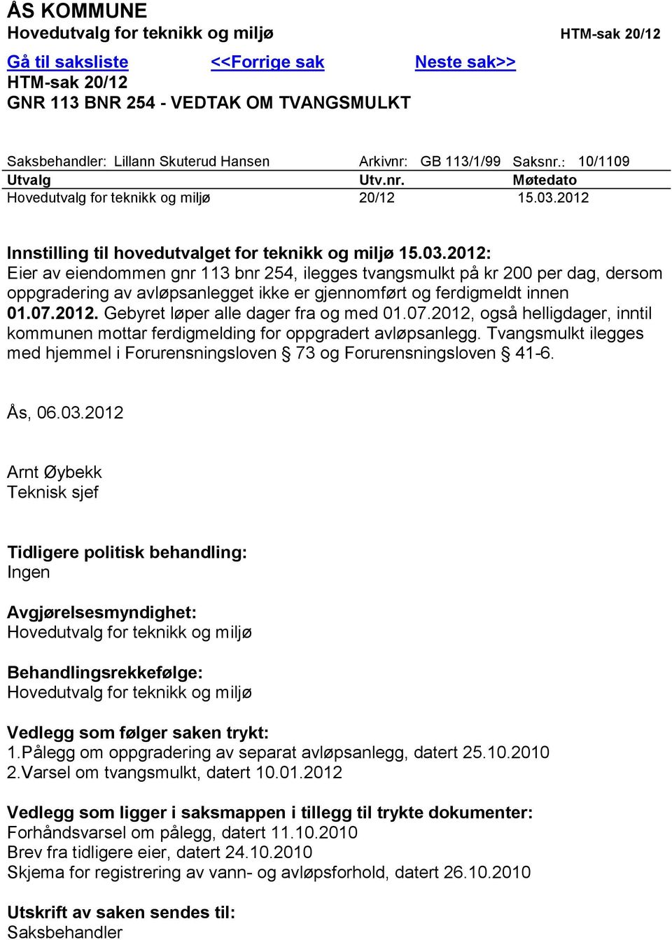 2012 Innstilling til hovedutvalget for teknikk og miljø 15.03.