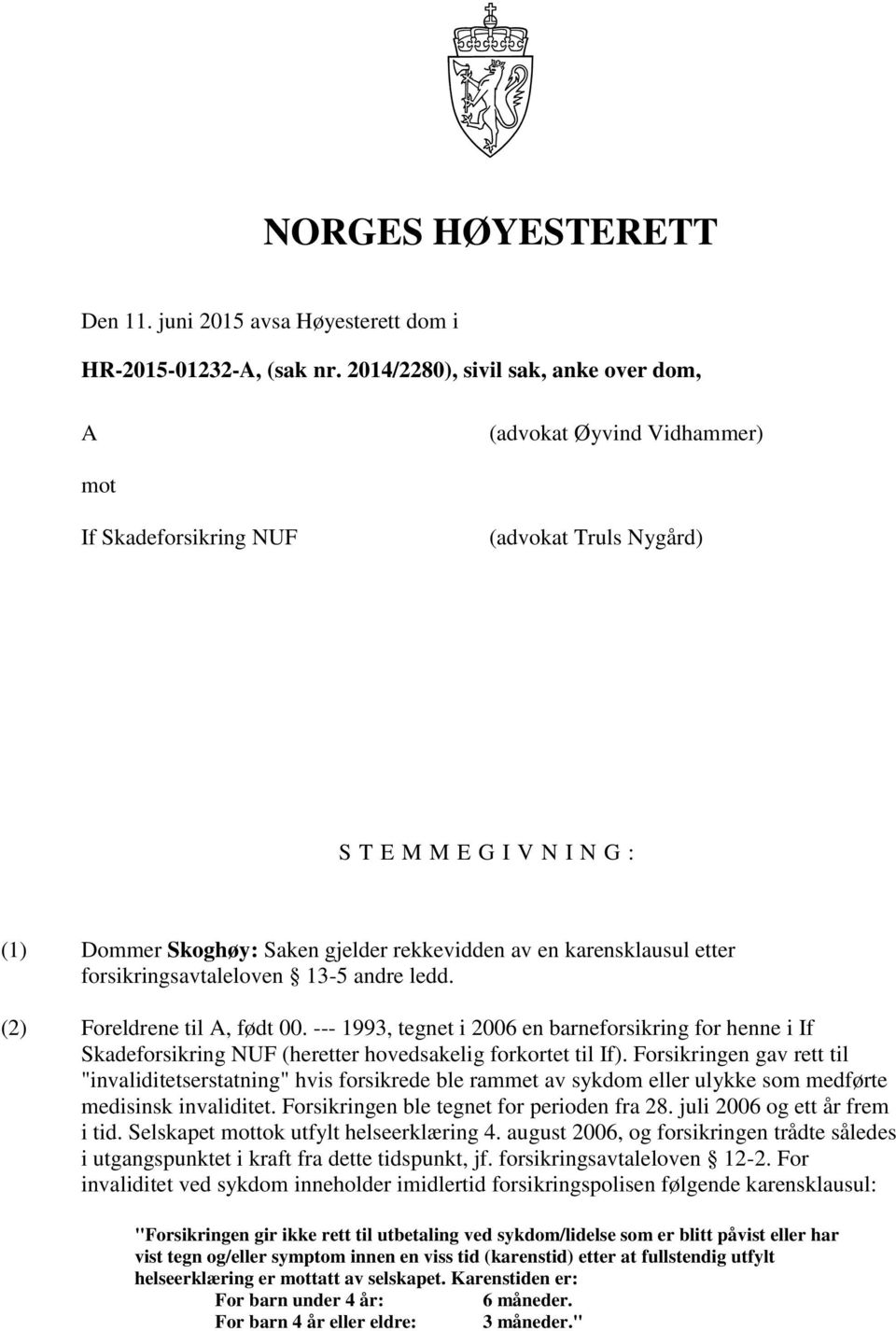 karensklausul etter forsikringsavtaleloven 13-5 andre ledd. (2) Foreldrene til A, født 00.