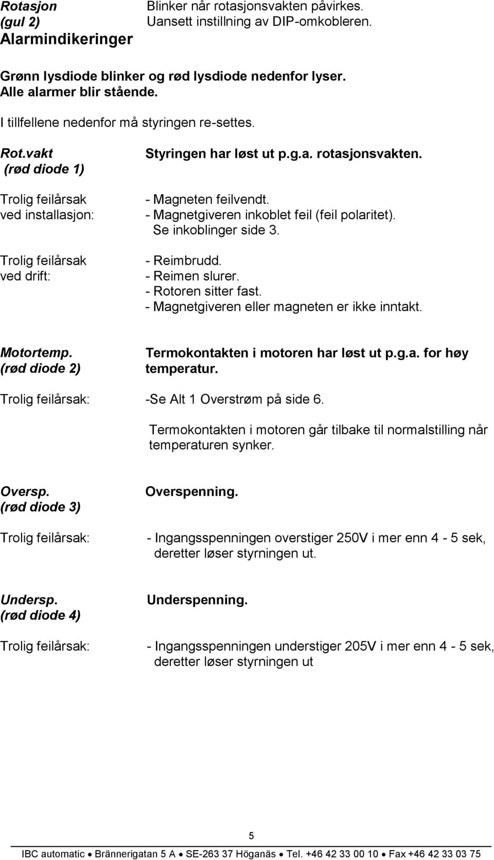 - Magnetgiveren inkoblet feil (feil polaritet). Se inkoblinger side 3. - Reimbrudd. - Reimen slurer. - Rotoren sitter fast. - Magnetgiveren eller magneten er ikke inntakt. Motortemp.