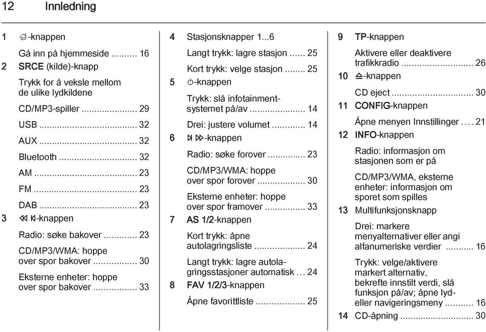 .. 25 Kort trykk: velge stasjon... 25 5 m-knappen Trykk: slå infotainmentsystemet på/av... 14 Drei: justere volumet... 14 6 u-knappen Radio: søke forover... 23 CD/MP3/WMA: hoppe over spor forover.