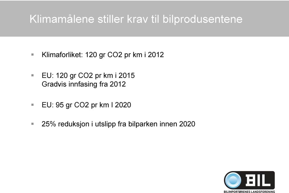 pr km i 2015 Gradvis innfasing fra 2012 EU: 95 gr CO2