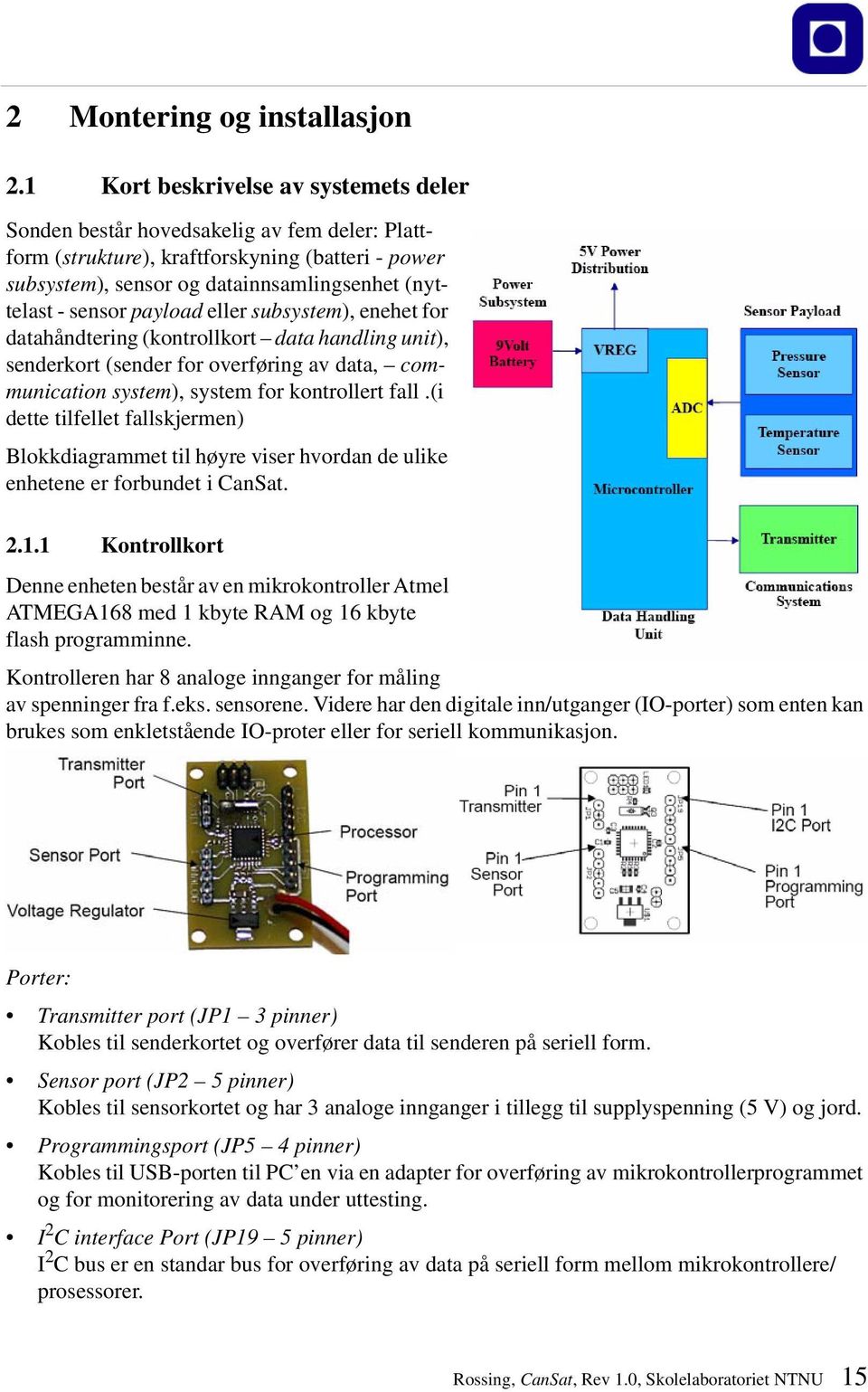 payload eller subsystem), enehet for datahåndtering (kontrollkort data handling unit), senderkort (sender for overføring av data, communication system), system for kontrollert fall.