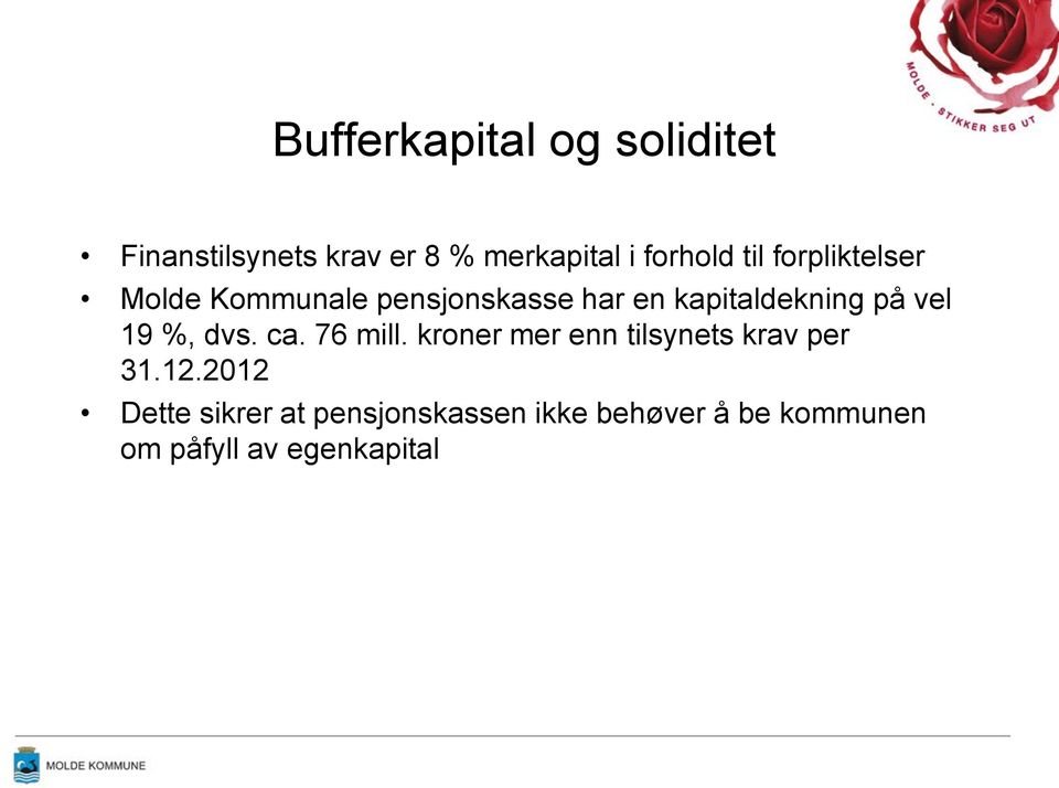 vel 19 %, dvs. ca. 76 mill. kroner mer enn tilsynets krav per 31.12.