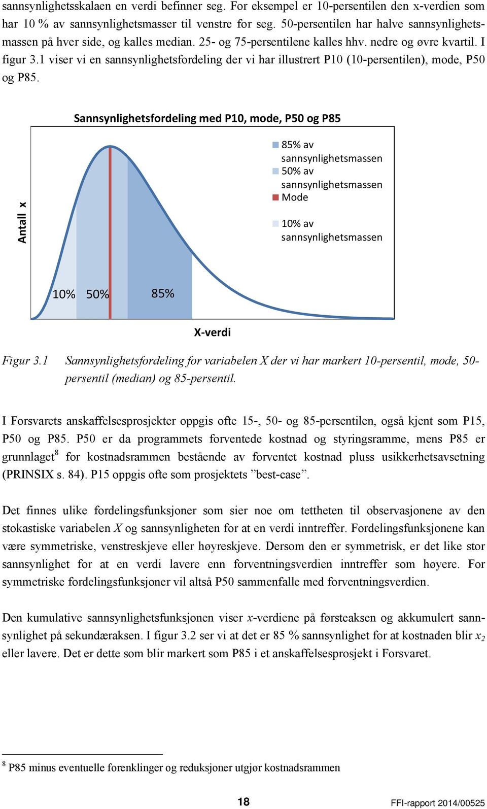 1 viser vi en sannsynlighetsfordeling der vi har illustrert P10 (10-persentilen), mode, P50 og P85.