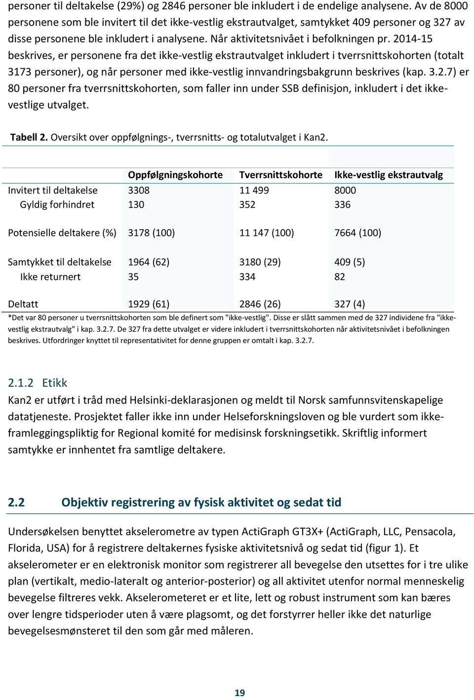 2014-15 beskrives, er personene fra det ikke-vestlig ekstrautvalget inkludert i tverrsnittskohorten (totalt 3173 personer), og når personer med ikke-vestlig innvandringsbakgrunn beskrives (kap. 3.2.7) er 80 personer fra tverrsnittskohorten, som faller inn under SSB definisjon, inkludert i det ikkevestlige utvalget.