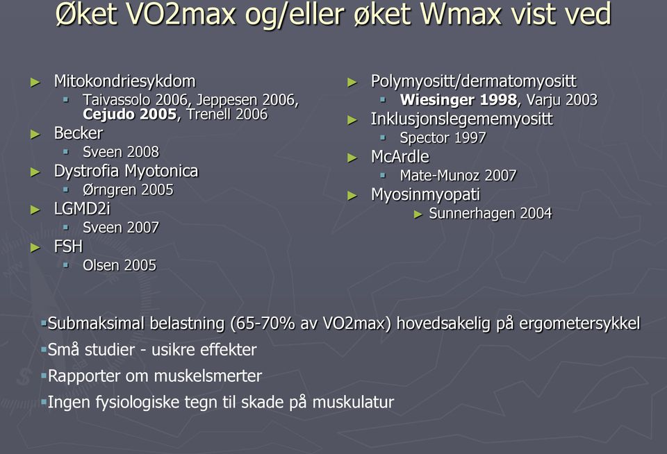 Inklusjonslegememyositt Spector 1997 McArdle Mate-Munoz 2007 Myosinmyopati Sunnerhagen 2004 Submaksimal belastning (65-70% av