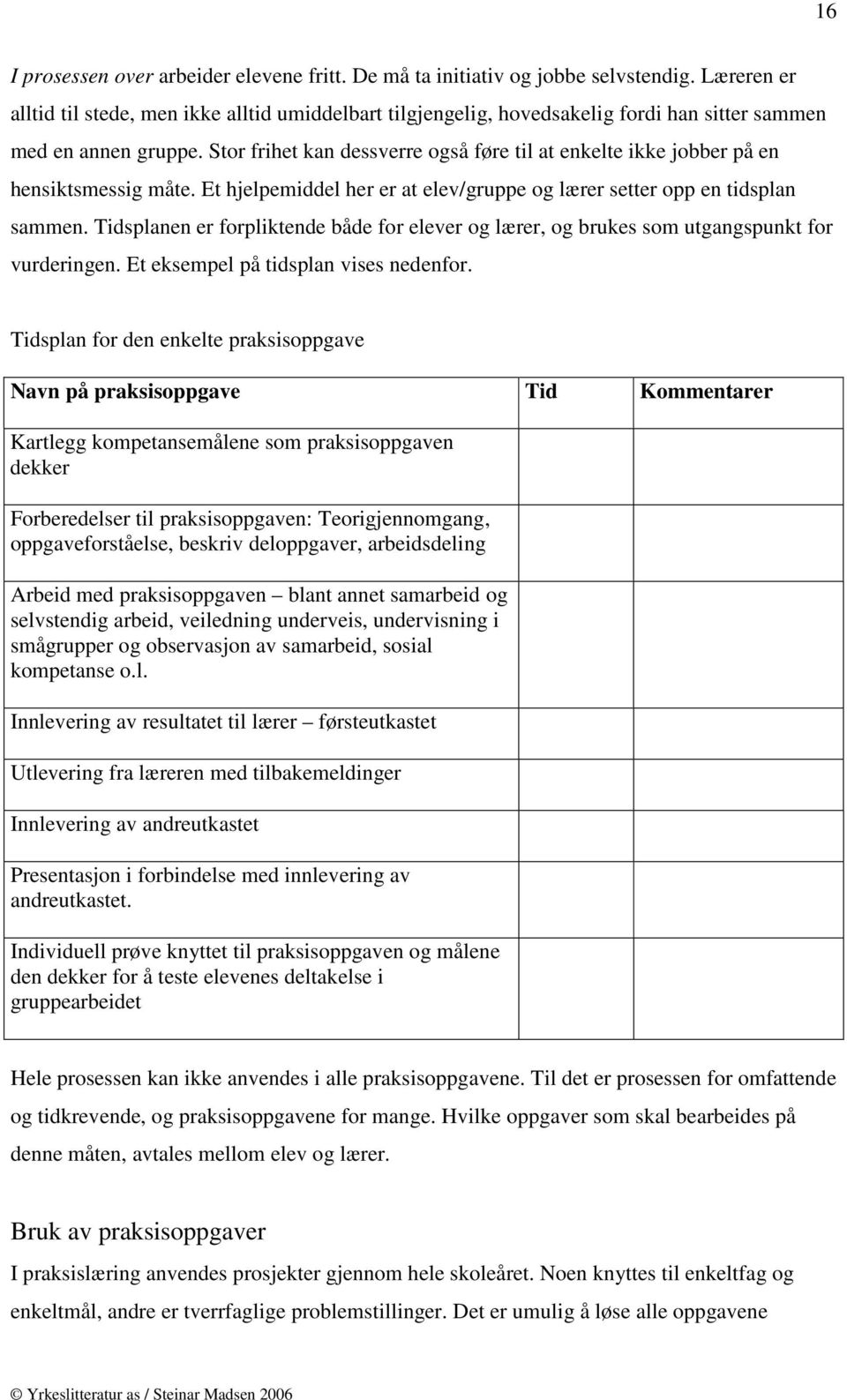 Stor frihet kan dessverre også føre til at enkelte ikke jobber på en hensiktsmessig måte. Et hjelpemiddel her er at elev/gruppe og lærer setter opp en tidsplan sammen.