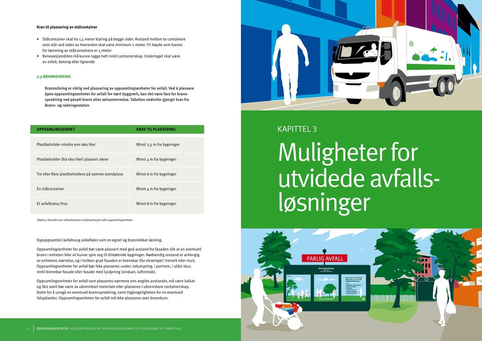 plassering av oppsamlingsenheter for avfall Ved å plassere åpne oppsamlingsenheter for avfall for nært byggverk, kan det være fare for brann- spredning ved påsatt brann eller selvantennelse Tabellen