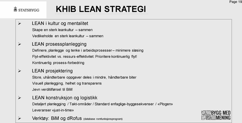 Kontinuerlig prosess-forbedring LEAN prosjektering Store, uhåndterbare oppgaver deles i mindre, håndterbare biter Visuell planlegging, helhet og transparens Jevn