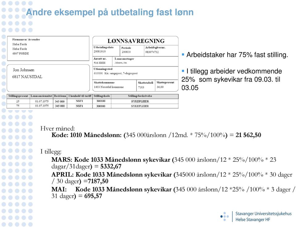 * 75%/100%) = 21 562,50 I tillegg: MARS: Kode 1033 Månedslønn sykevikar (345 000 årslønn/12 * 25%/100% * 23 dagar/31dager) = 5332,67