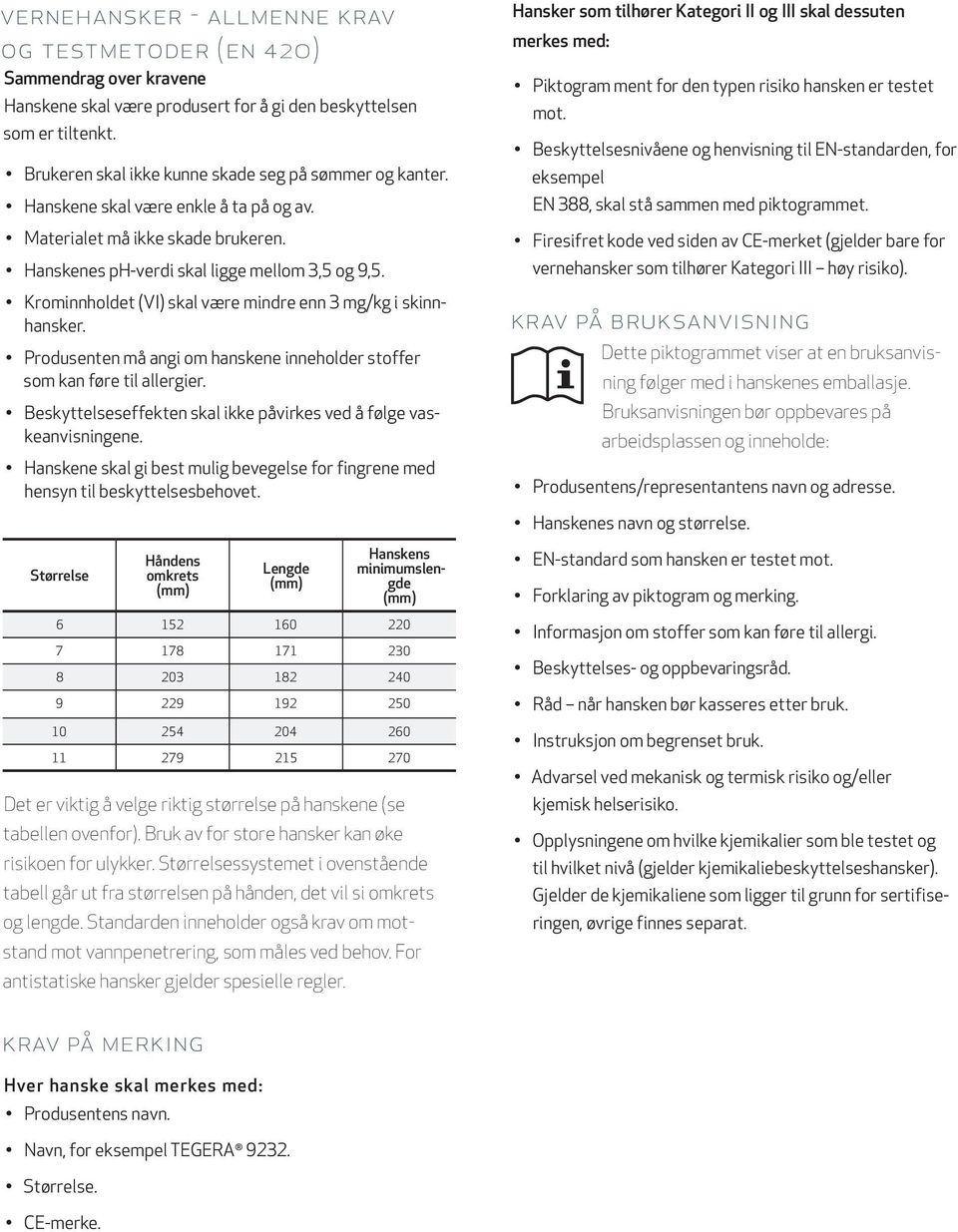 Krominnholdet (VI) skal være mindre enn 3 mg/kg i skinnhansker. Produsenten må angi om hanskene inneholder stoffer som kan føre til allergier.