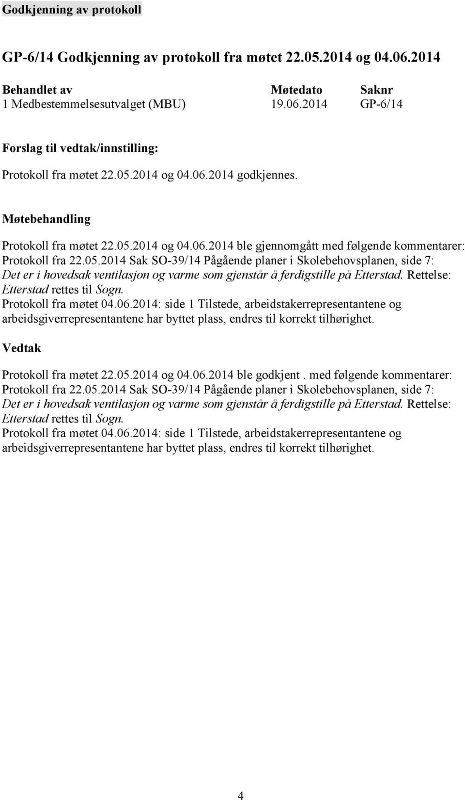 Rettelse: Etterstad rettes til Sogn. Protokoll fra møtet 04.06.2014: side 1 Tilstede, arbeidstakerrepresentantene og arbeidsgiverrepresentantene har byttet plass, endres til korrekt tilhørighet.